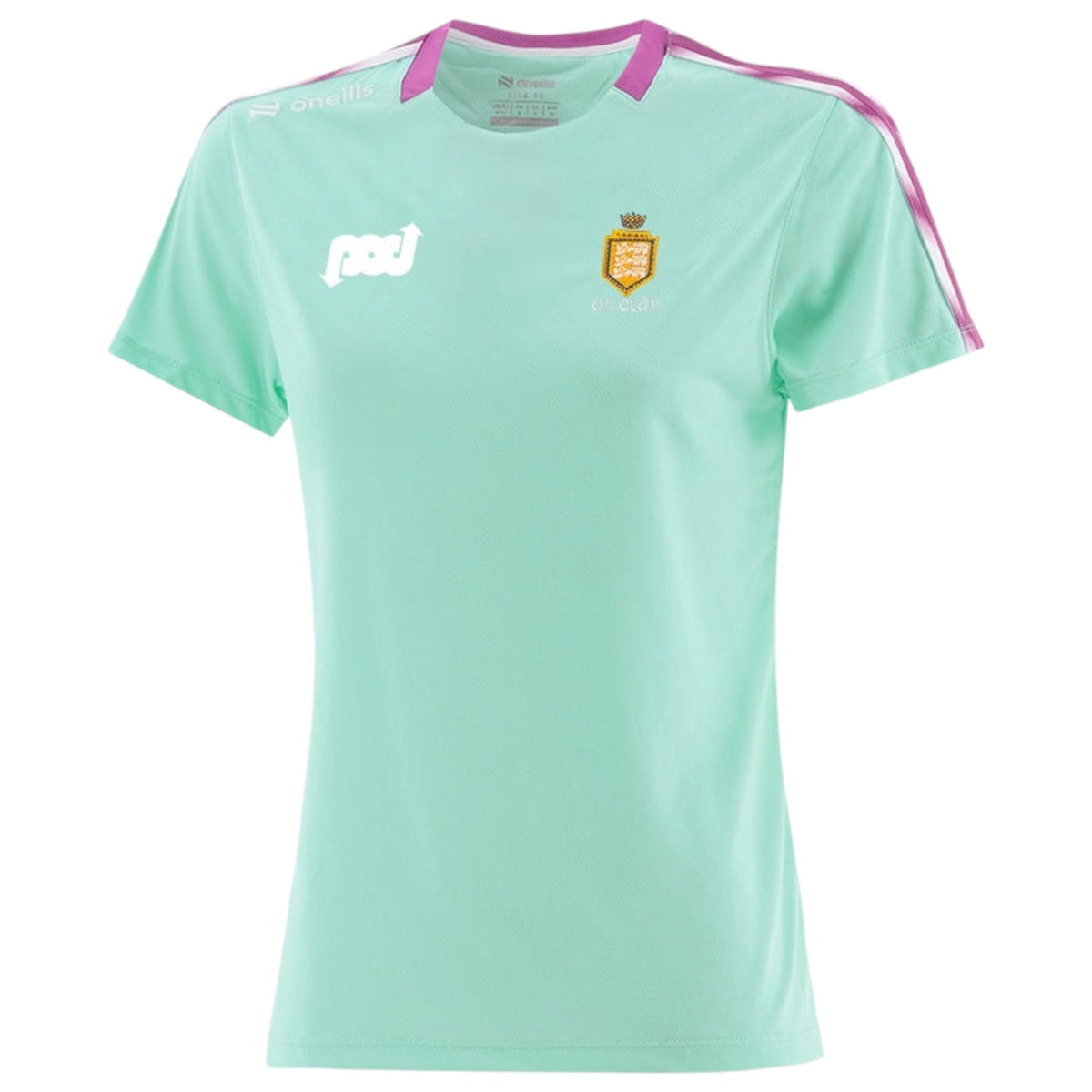 A mint green short-sleeve soccer jersey with pink trim on the collar and shoulders, featuring the white 'fad' logo on the right chest and the Olympique de Marseille crest on the left chest.