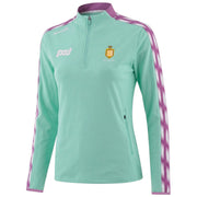 A mint green long-sleeve athletic pullover with a half-zip collar, featuring purple and white patterned stripes on the sleeves, a white 'psj' logo on the right chest, and a gold and white club crest on the left chest.