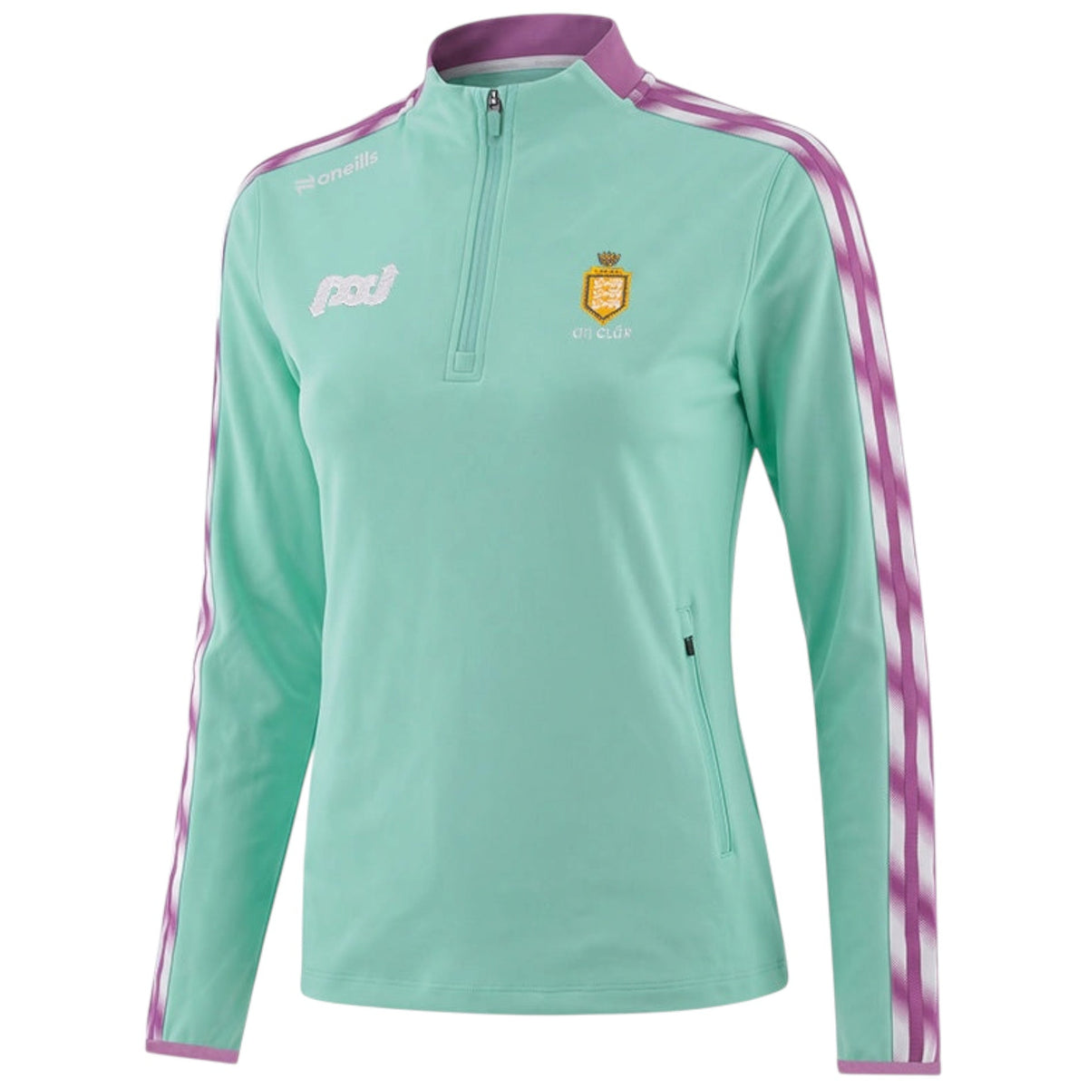 A mint green long-sleeve athletic pullover with a half-zip collar, featuring purple and white patterned stripes on the sleeves, a white 'psj' logo on the right chest, and a gold and white club crest on the left chest.