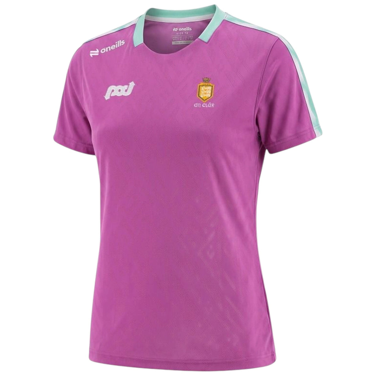 A women's short-sleeve athletic jersey in magenta pink, featuring light mint green trim along the collar and shoulders, with white logos for O'Neill and PDL, and a yellow and red club crest on the chest.