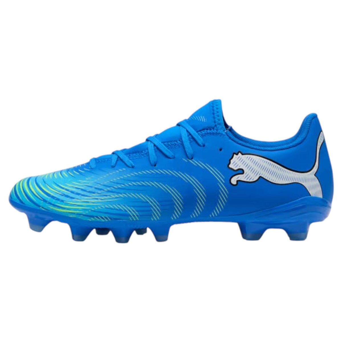 A Puma soccer cleat in vibrant blue with a white leaping cat logo on the side, set against a plain white background.