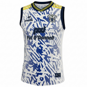 White sports jersey with blue patterns, logos, and text on a white background