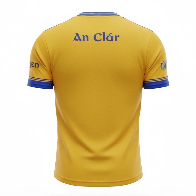 Yellow sports jersey with 'An Clár' branding on a white background