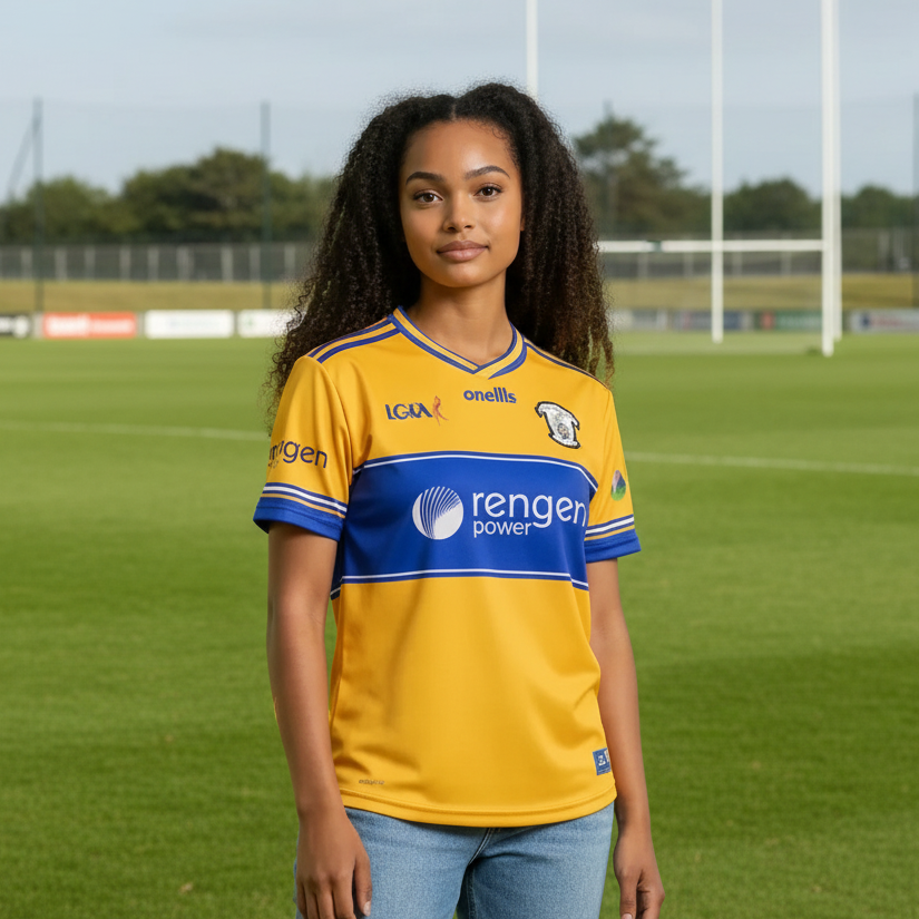 Person wearing a yellow sports jersey with visible branding on a grassy field.