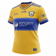 Yellow sports jersey with blue accents and multiple brand logos on a white background