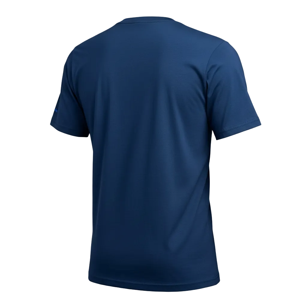 Navy blue t-shirt shown from the back on a white background