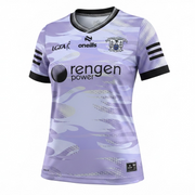 Purple sports jersey with various logos on a white background