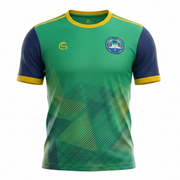 Green and blue sports jersey with a logo on a white background