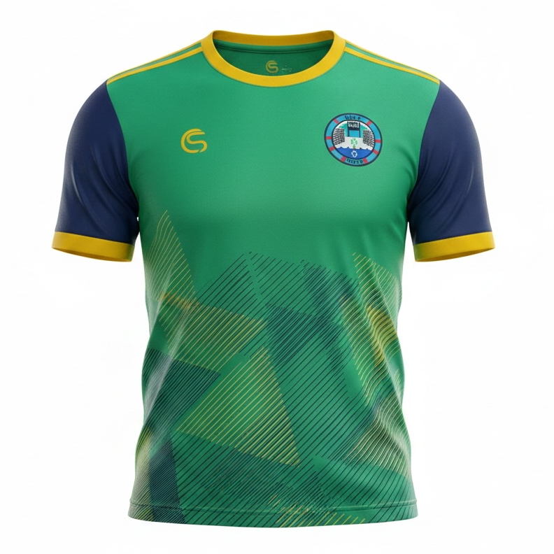 Green and blue sports jersey with a logo on a white background