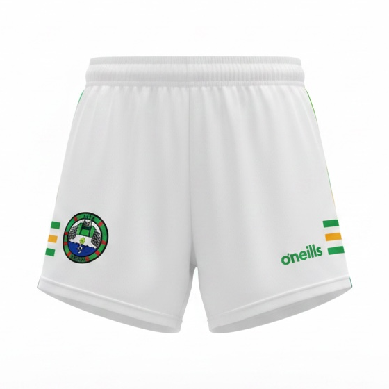 White shorts with green and red accents on a white background
