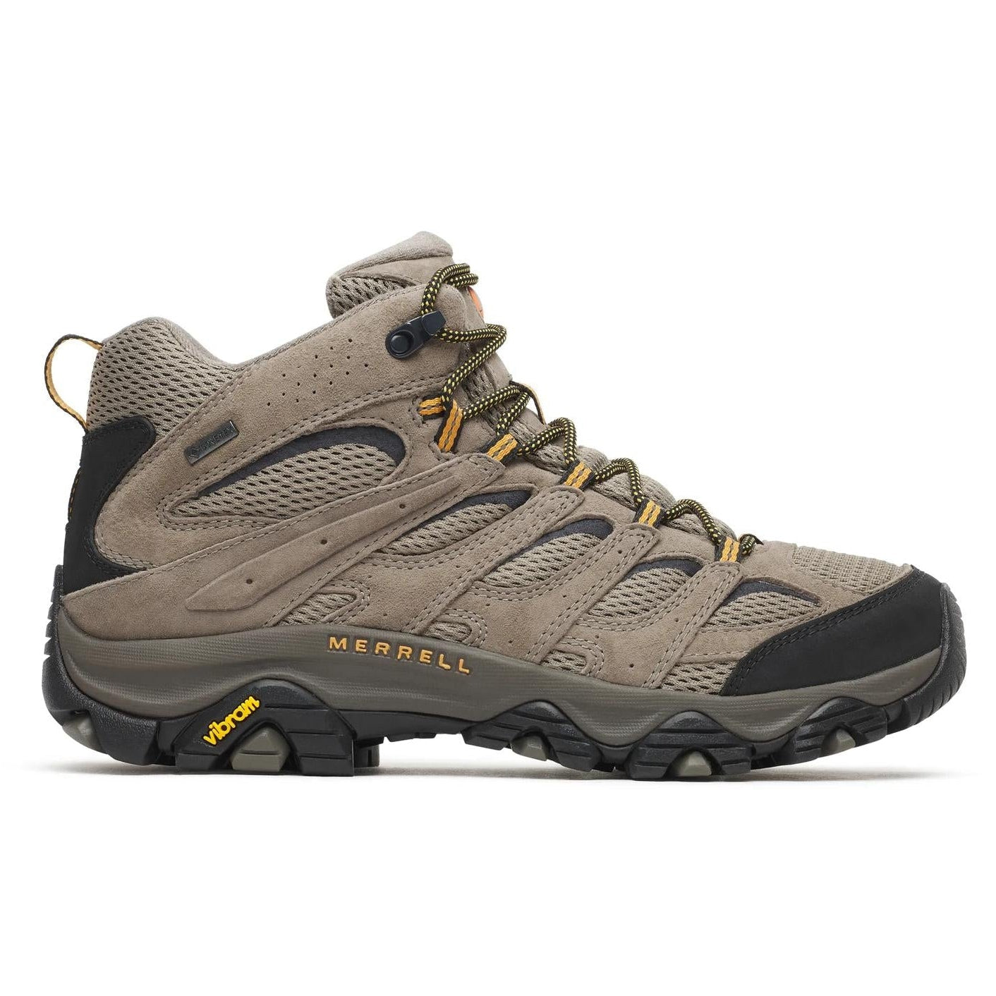 Brown hiking boot with black sole on a white background