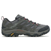 A dark gray hiking shoe with black and gray overlays, red laces, and a small yellow Vibram logo on the outsole, shown against a plain white background.