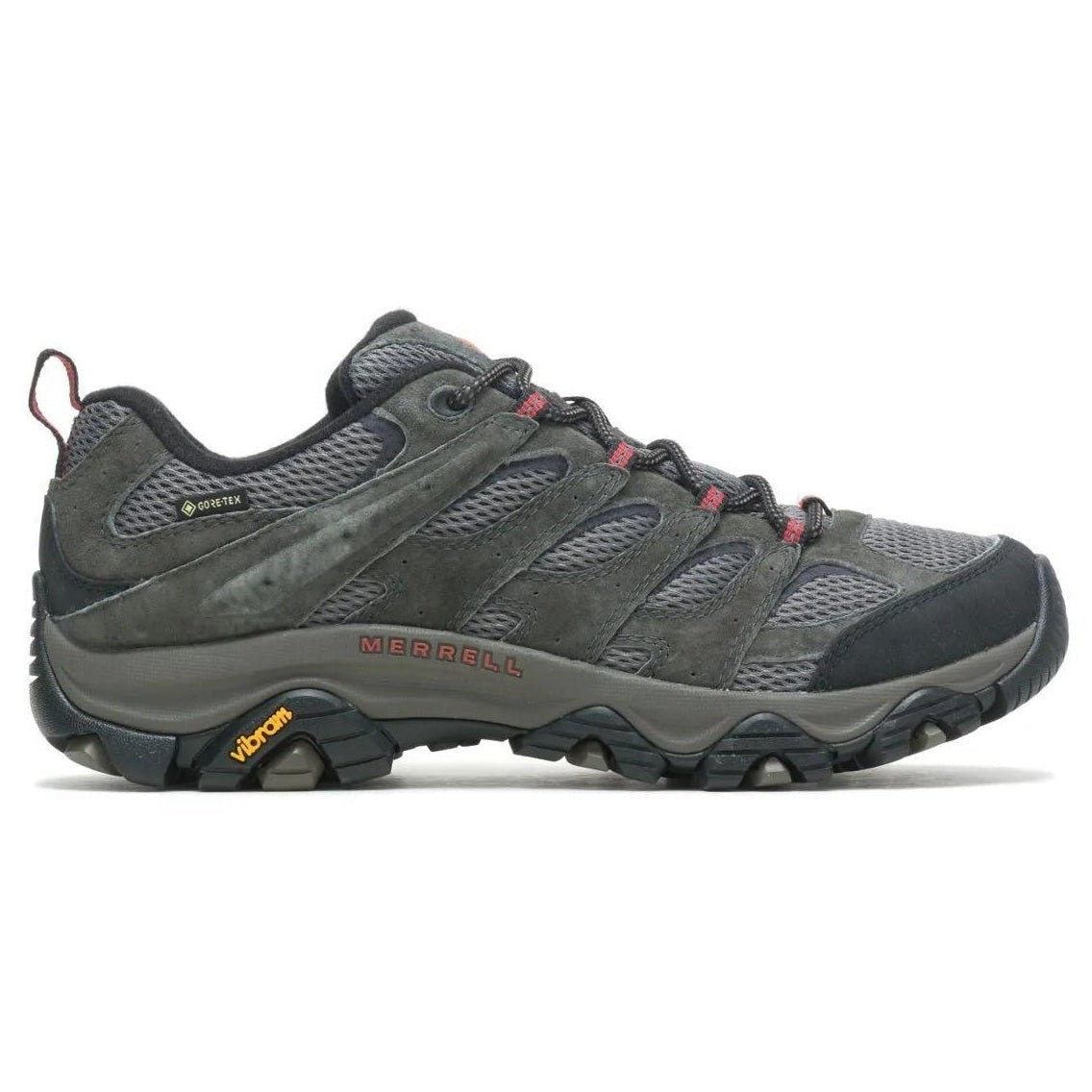 A dark gray hiking shoe with black and gray overlays, red laces, and a small yellow Vibram logo on the outsole, shown against a plain white background.