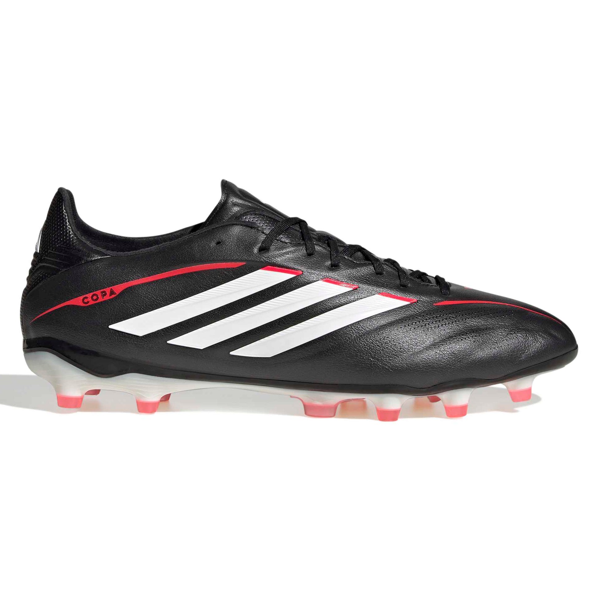 Black Adidas soccer cleats with white stripes on a white background