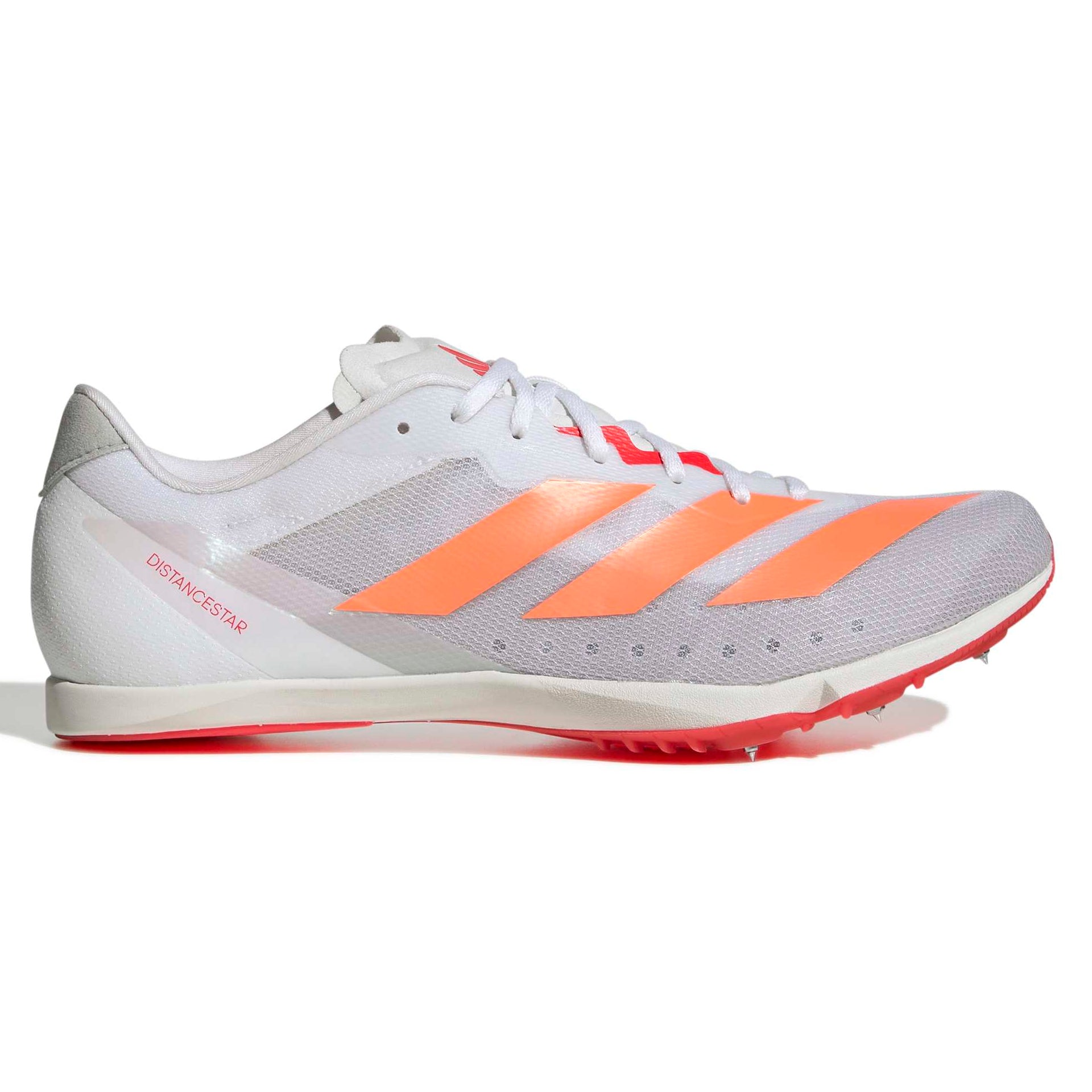 White running shoe with orange stripes on a white background
