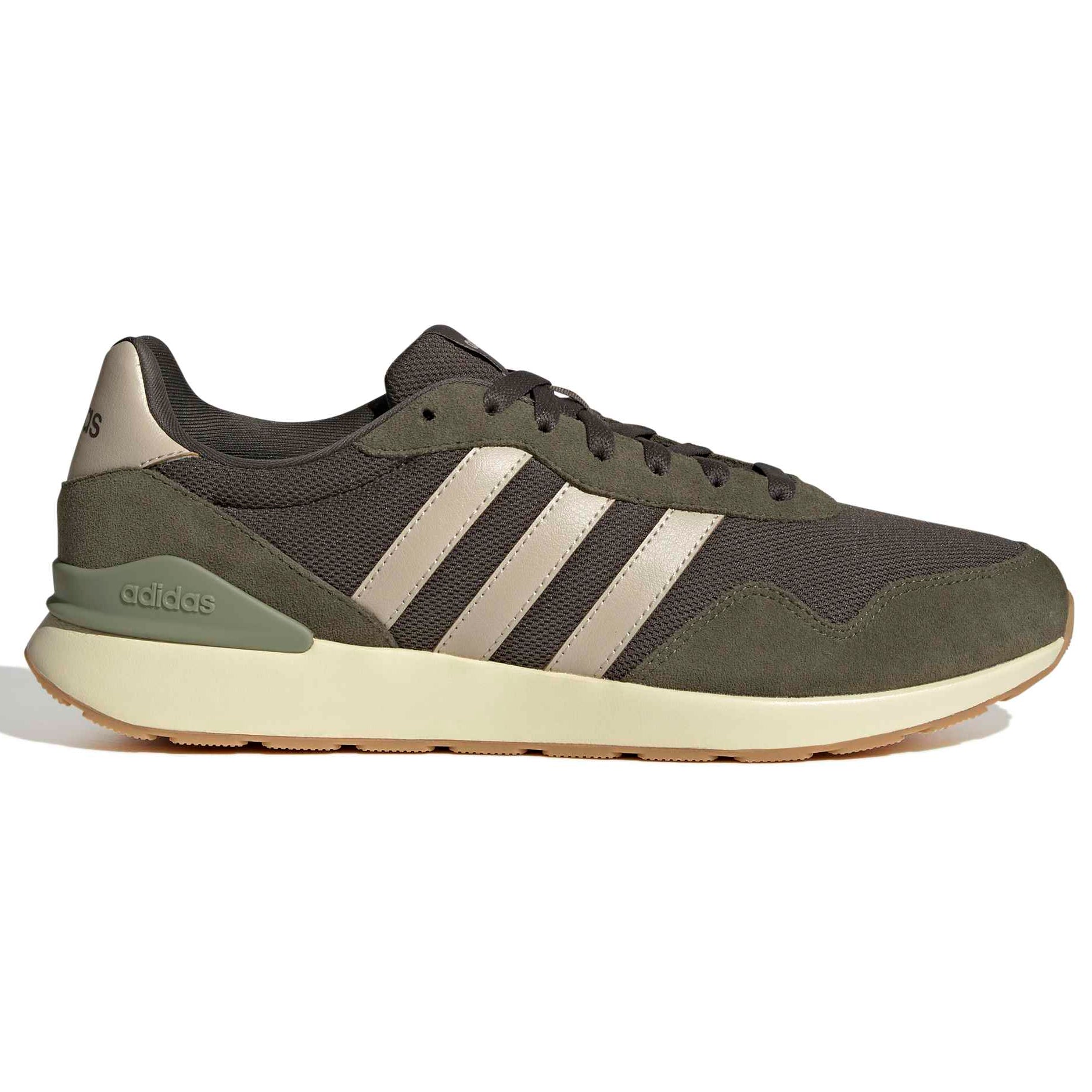 Green Adidas sneaker with three white stripes on a white background