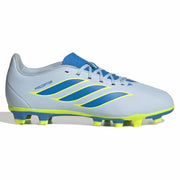 Silver and blue soccer cleat with yellow accents on a white background