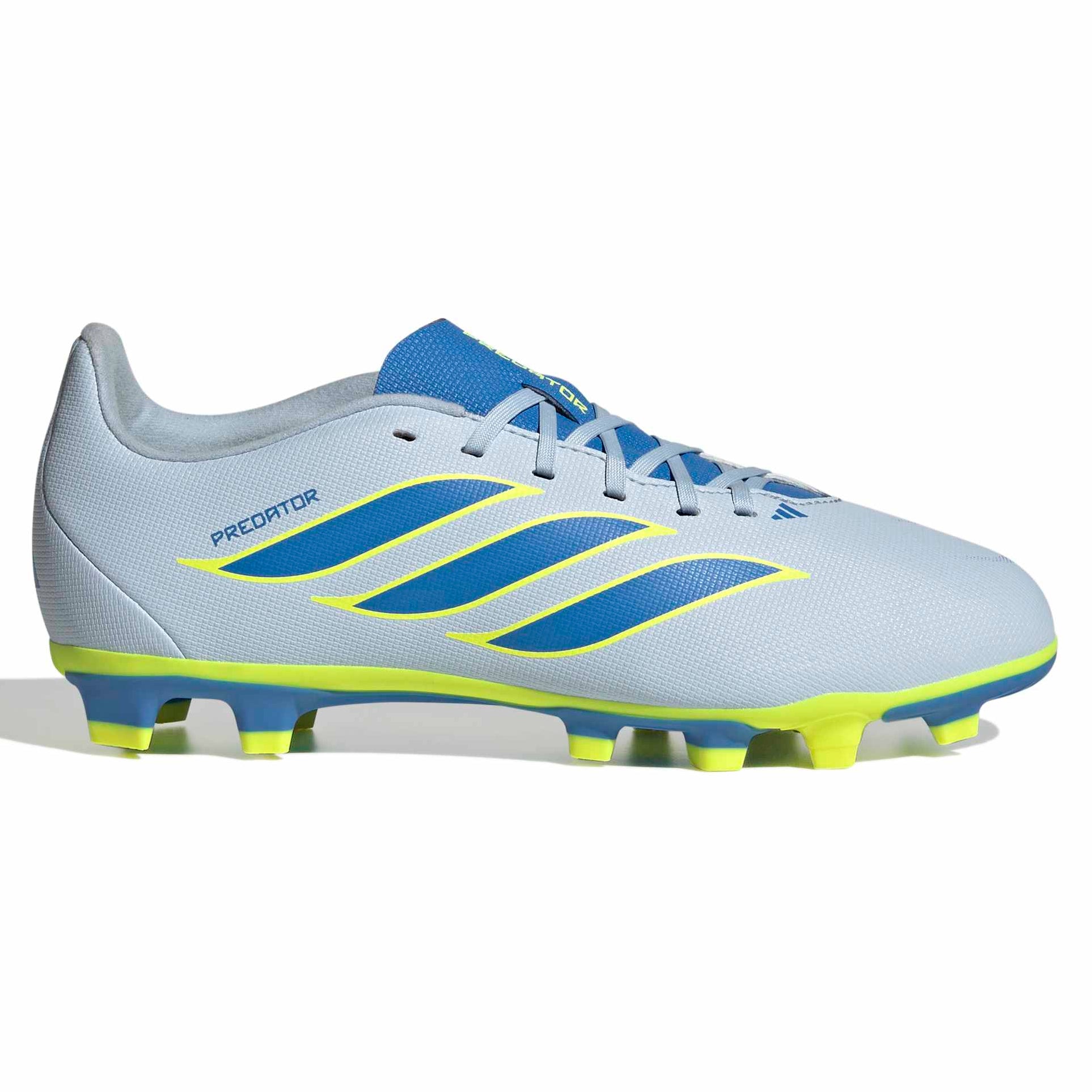 Silver and blue soccer cleat with yellow accents on a white background