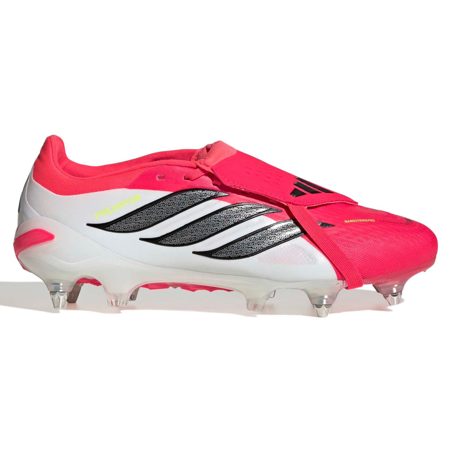 Pink and white athletic shoe with cleats on a white background