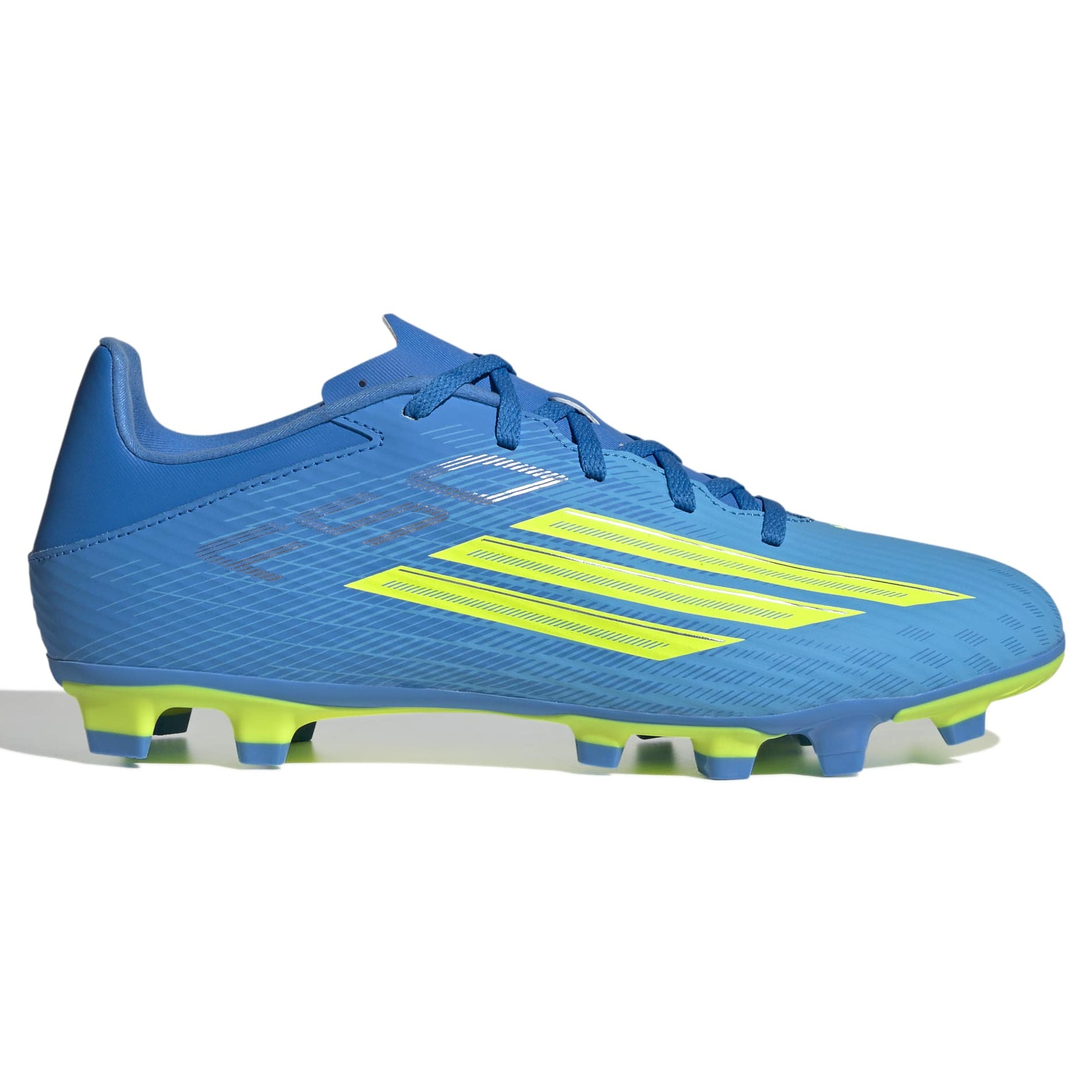 Blue soccer cleat with green stripes on a white background