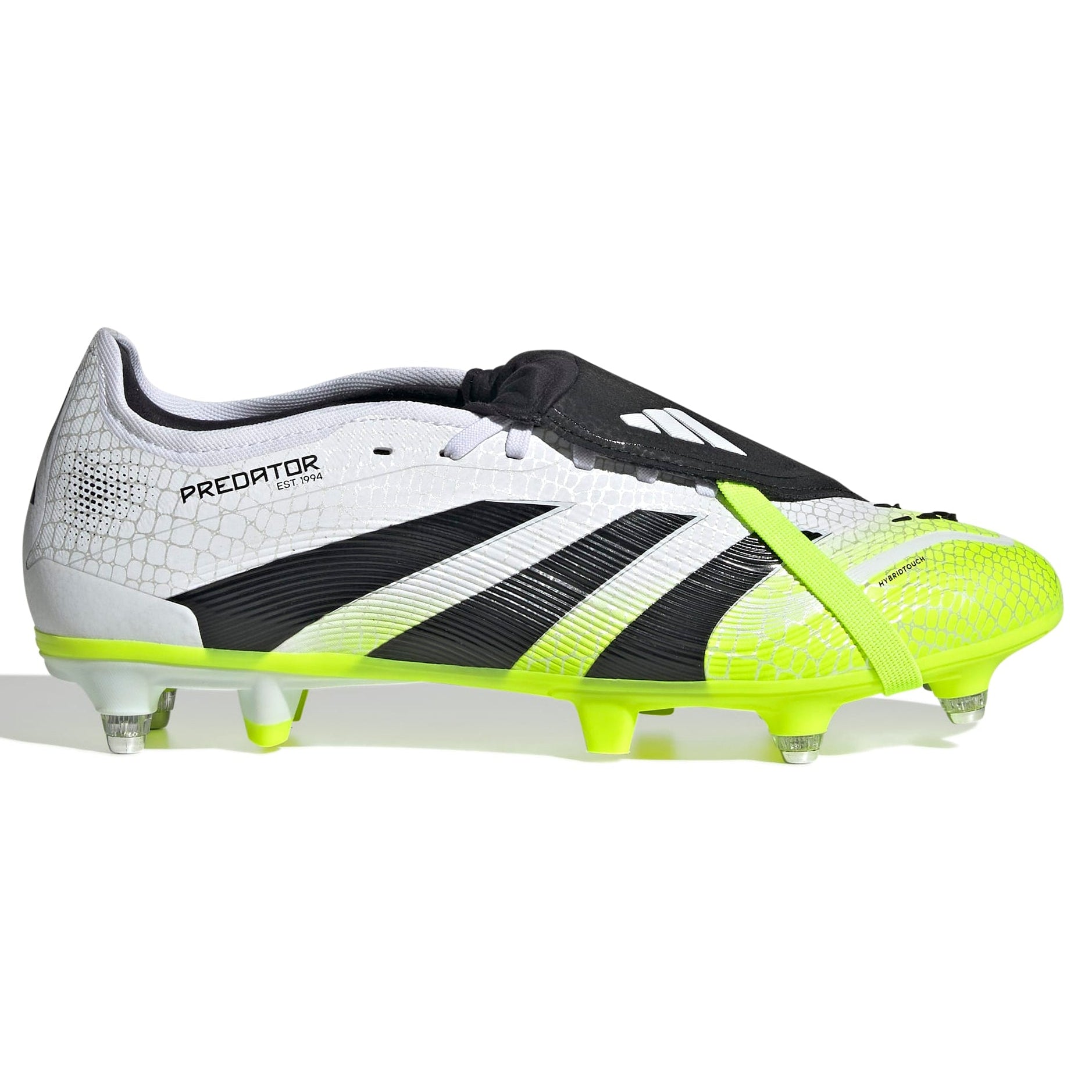 White and black soccer cleat with yellow accents on a white background