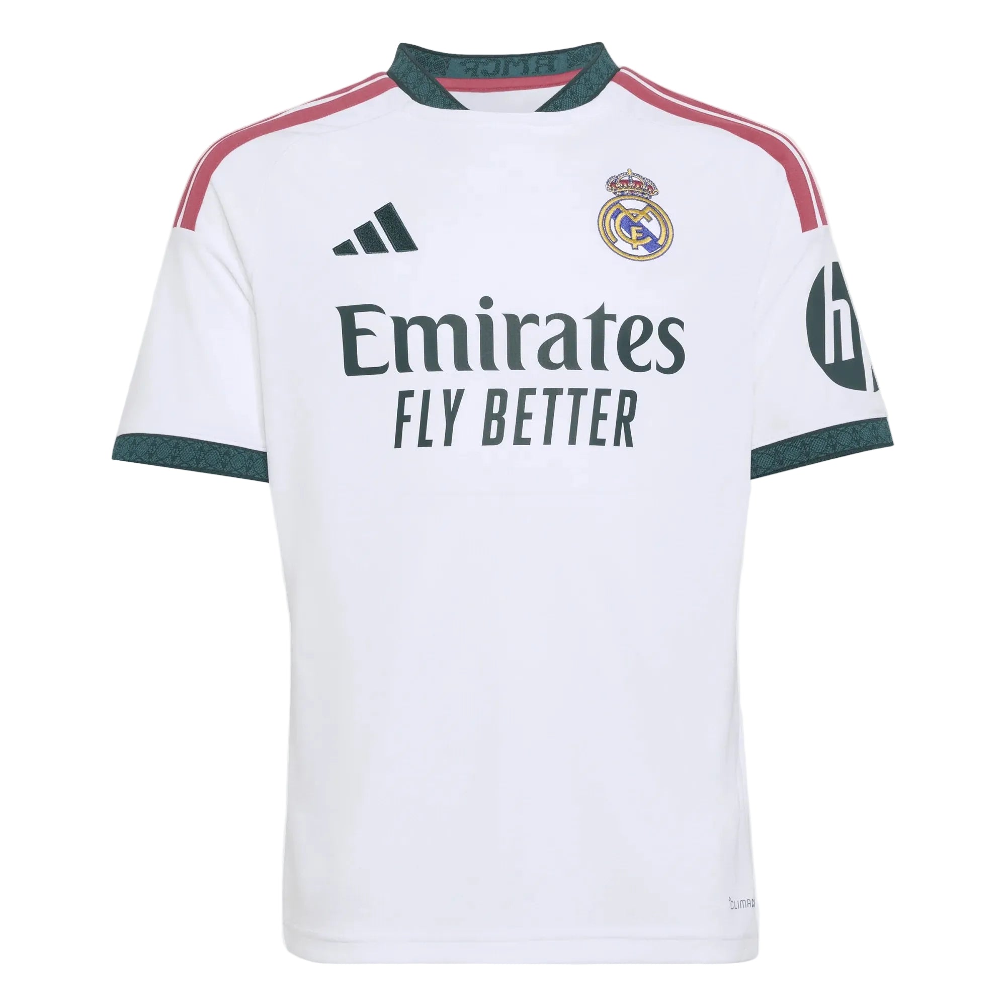 A white Real Madrid soccer jersey with dark green trim, featuring the Adidas logo, Real Madrid crest, Emirates Fly Better sponsor text, and a Real Madrid 'h' patch on the sleeve.