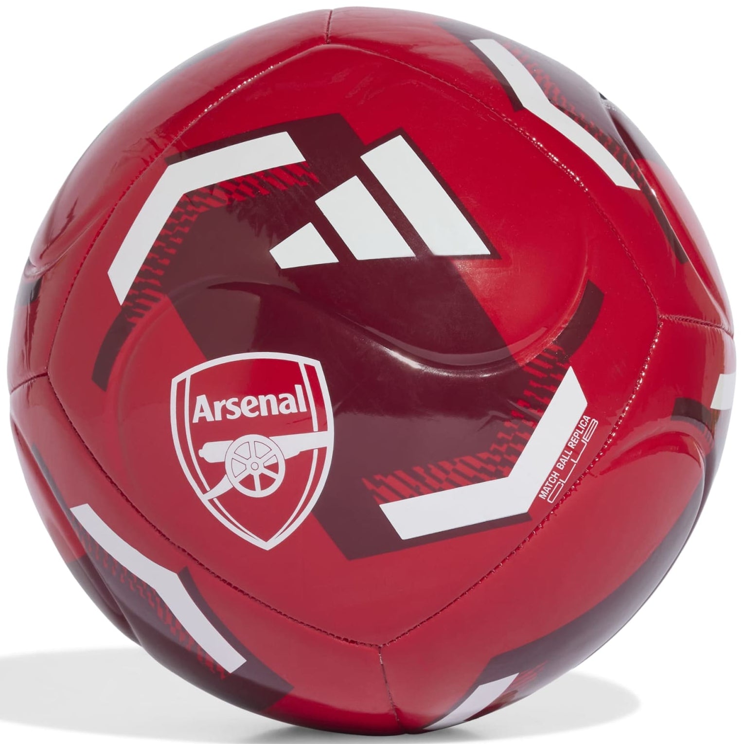 Red soccer ball with Arsenal and Adidas logos on a white background