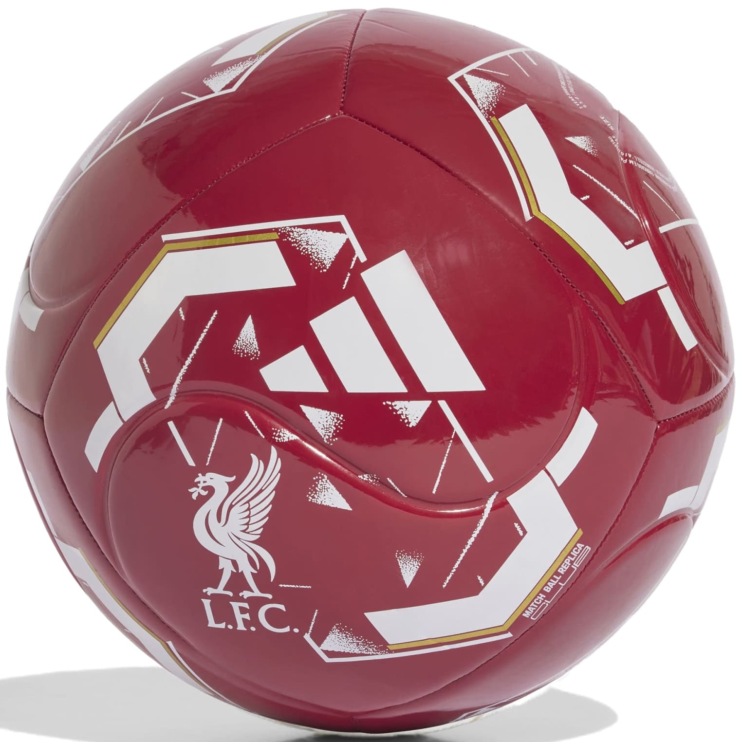 Red soccer ball with white patterns and a logo on a white background