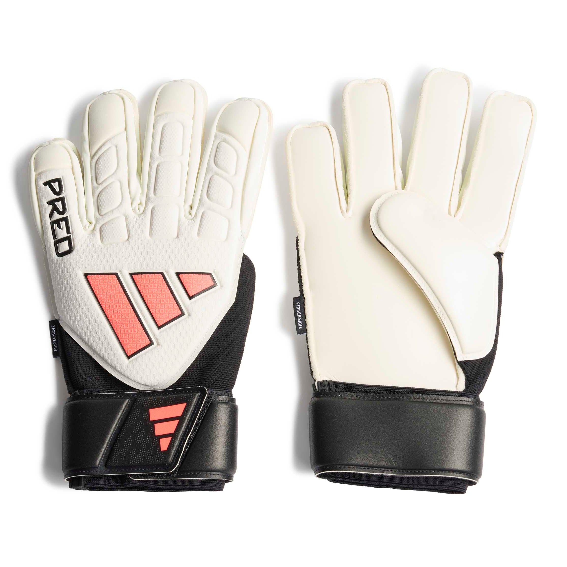 Pair of white goalkeeper gloves with black cuffs and red Adidas logo on a white background