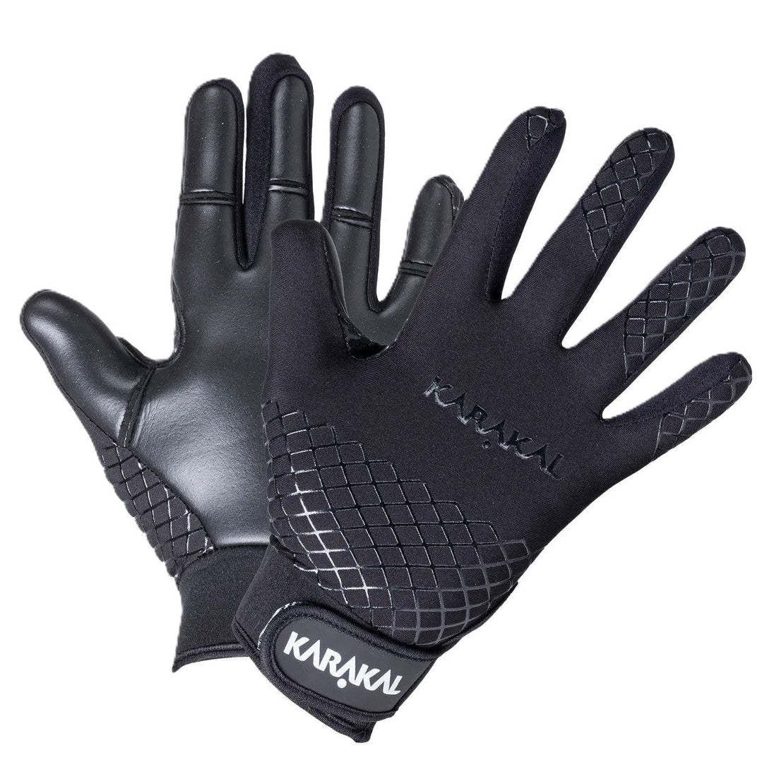 Pair of black gloves with textured palm and Karakal branding on a white background