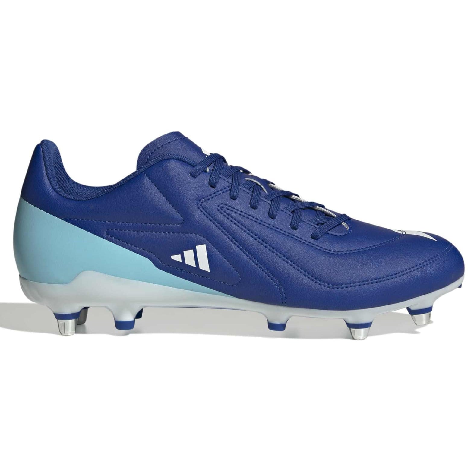 An Adidas soccer cleat in royal blue with a light blue heel accent and white branding, shown from a side profile on a white background.
