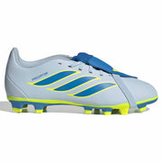 Light blue soccer cleat with blue and yellow accents on a white background
