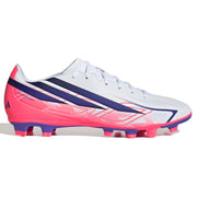 White soccer cleat with pink and blue accents on a white background