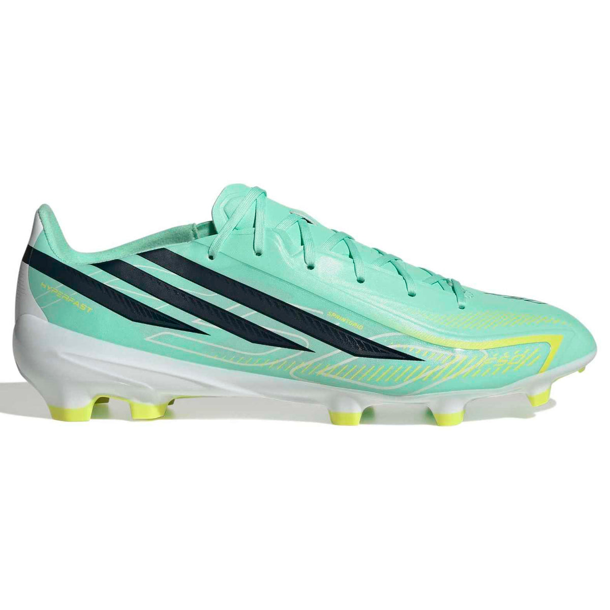 A single Adidas soccer cleat in mint green with black three-stripes, neon yellow accents, and a white midsole, shown from the side on a white background.