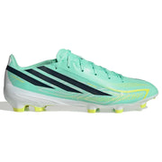 A single Adidas soccer cleat in mint green with black three-stripes, neon yellow accents, and a white midsole, shown from the side on a white background.