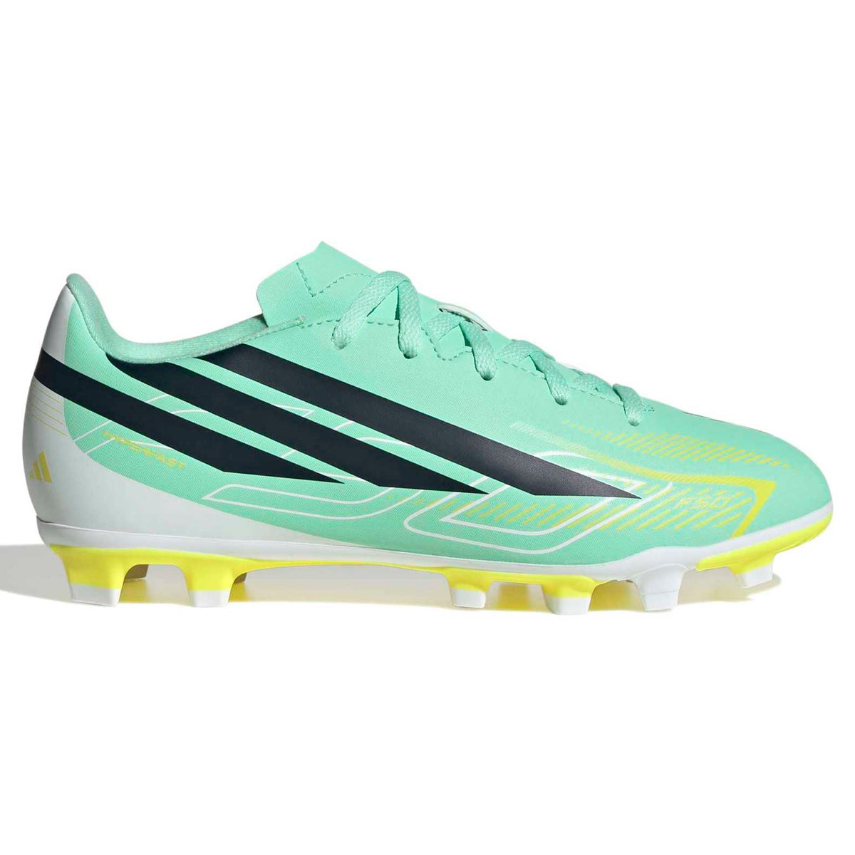 A single Adidas soccer cleat in mint green with black three-stripes, white toe and heel, and bright yellow accents on the sole and outsole, shown against a plain white background.