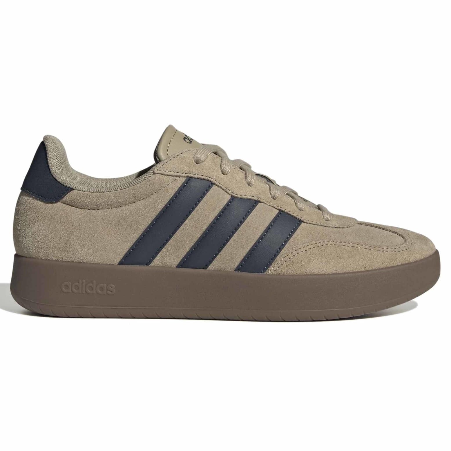Beige Adidas sneaker with three black stripes on a white background