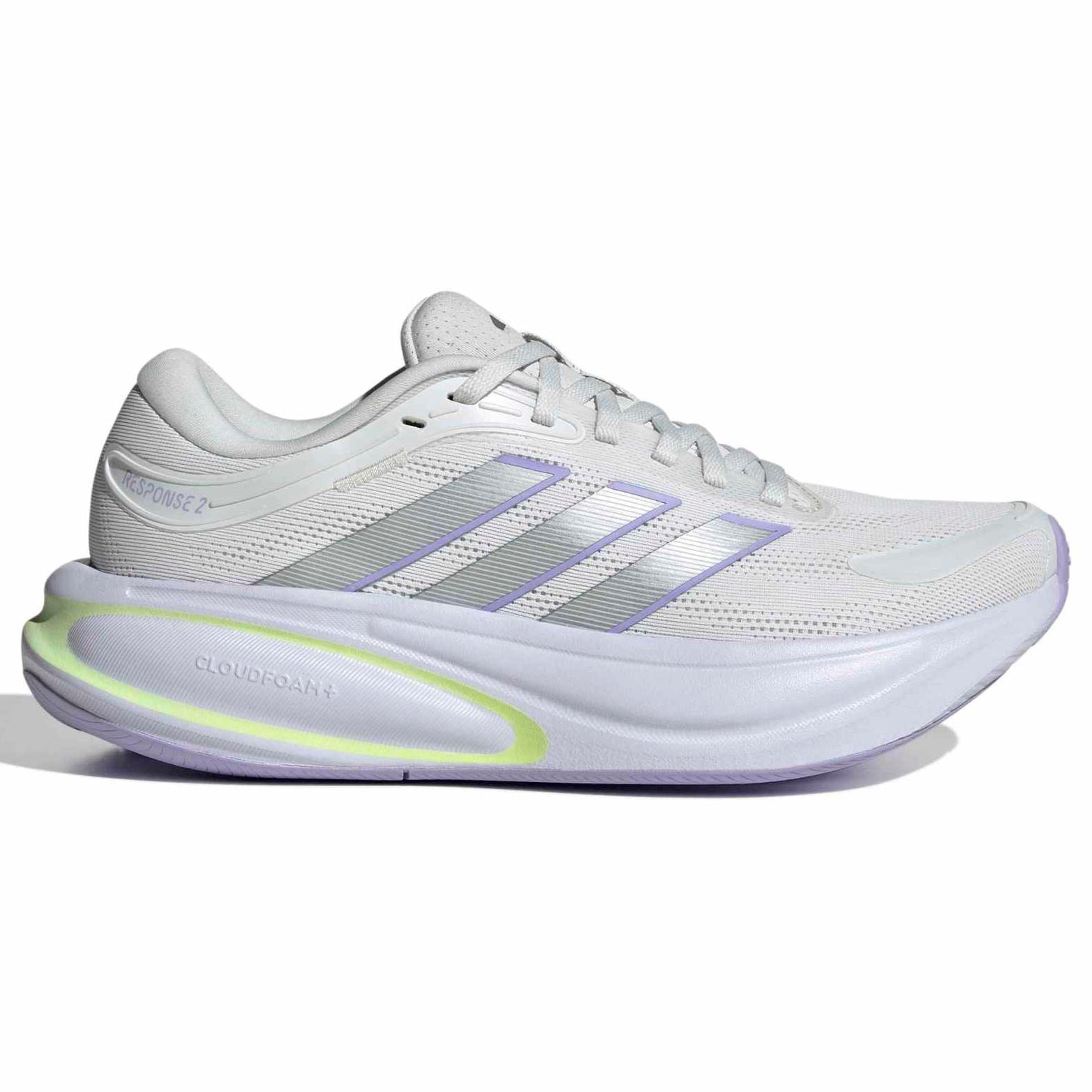 An Adidas running shoe in white with silver three-stripes, a white midsole, and a neon yellow-green accent on the GEL cushioning system, shown against a plain white background.