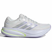 An Adidas running shoe in white with silver three-stripes, a white midsole, and a neon yellow-green accent on the GEL cushioning system, shown against a plain white background.