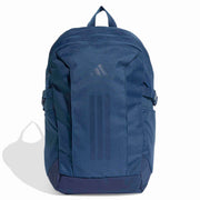 Blue backpack with a brand logo on a white background