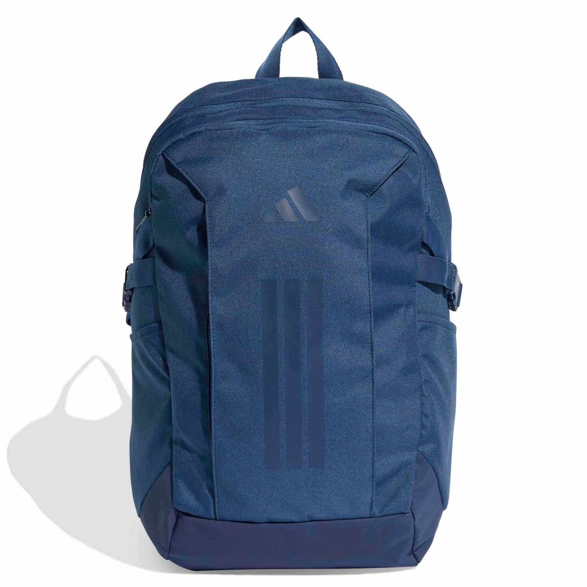 Blue backpack with a brand logo on a white background