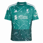 Green sports jersey with white patterns and logos on a white background