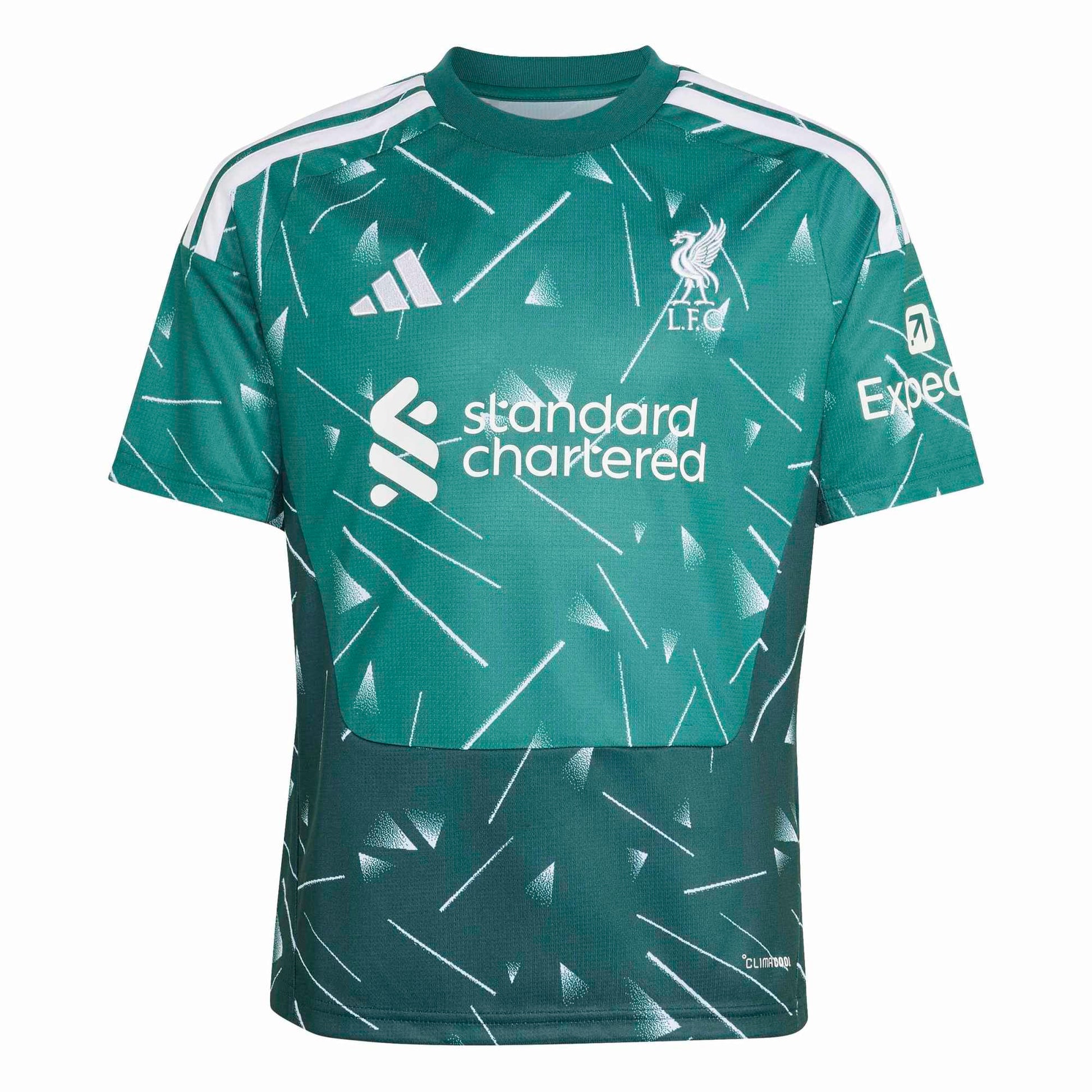 Green sports jersey with white patterns and logos on a white background
