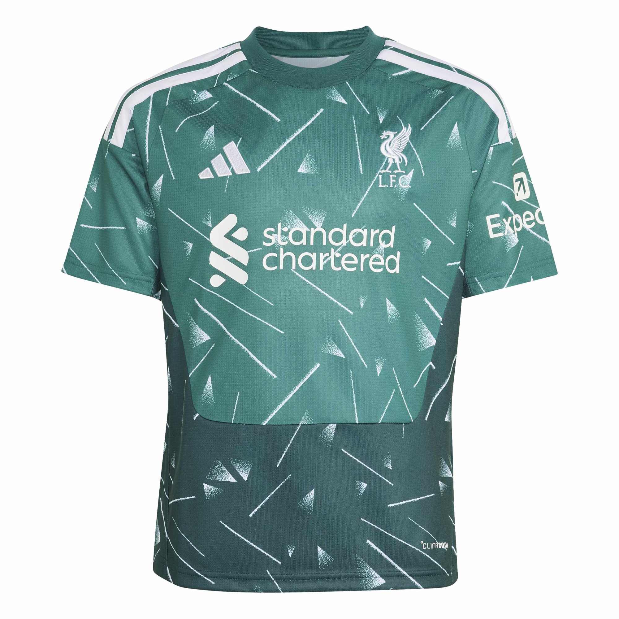 Green sports jersey with white patterns and logos on a white background