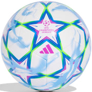 An Adidas Champions League soccer ball with a white base, featuring a star pattern outlined in blue, purple, and green, with a pink Adidas logo and Champions League crest.