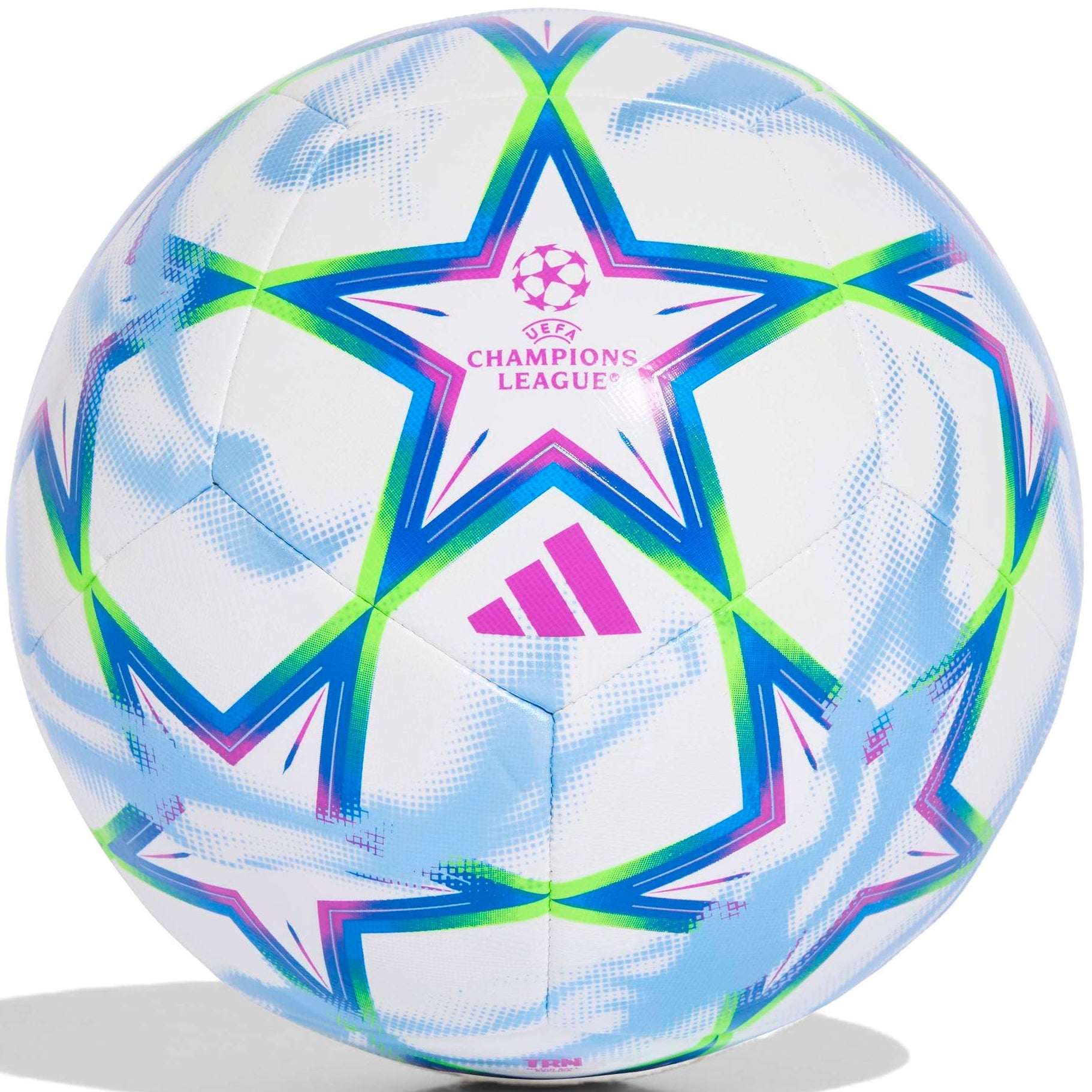 An Adidas Champions League soccer ball with a white base, featuring a star pattern outlined in blue, purple, and green, with a pink Adidas logo and Champions League crest.