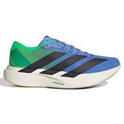 An Adidas running shoe in blue, green, and black, shown from a side profile on a white background.