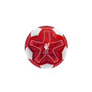 A red and white soccer ball featuring the Liverpool F.C. crest in the center, isolated on a white background.