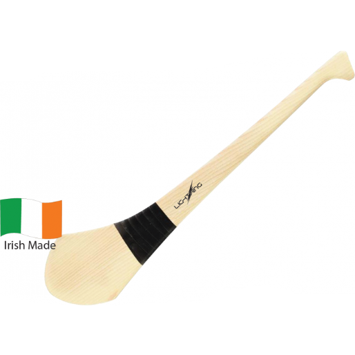 Wooden hurl with black grip and Irish flag on a white background