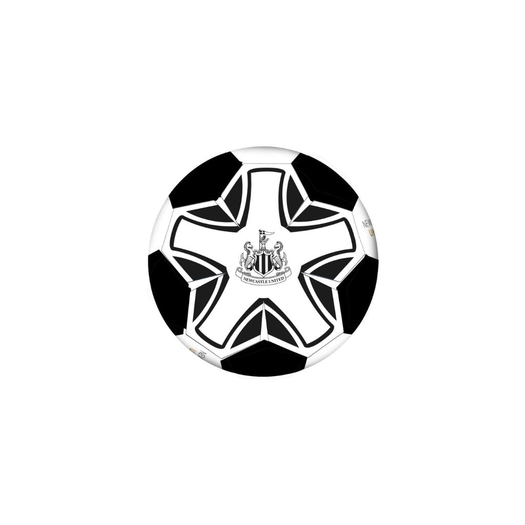 Black and white soccer ball with Newcastle United logo on a white background